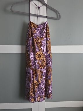 Lace Halter Mini Dress in Lavender and Mustard